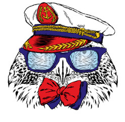 Bird in the captain's cap. Vector illustration for greeting card, poster, or print on clothes.