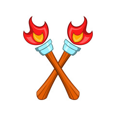 Crossed flaming torches icon, cartoon style