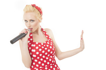 Woman singer in red pin up dress