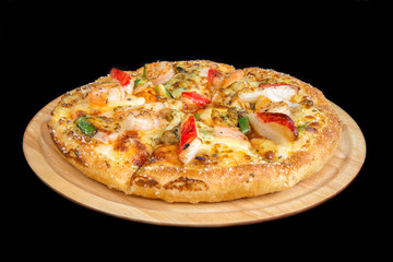 Seafood pizza on a wooden tray