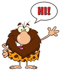 Happy Male Caveman Cartoon Mascot Character Waving And Saying Hi