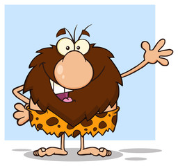 Obraz premium Happy Male Caveman Cartoon Mascot Character Waving For Greeting