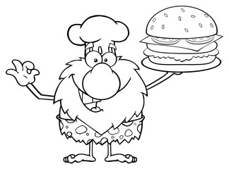 Black And White Chef Male Caveman Cartoon Mascot Character Holding A Big Burger And Gesturing Ok