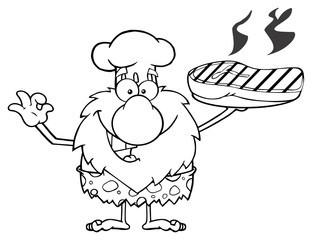 Black And White Chef Male Caveman Cartoon Mascot Character Holding Up A Platter With Big Grilled Steak And Gesturing Ok