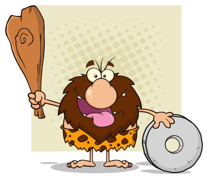 Happy Male Caveman Cartoon Mascot Character Holding A Club And Showing Wheel. Illustration Isolated On White Background