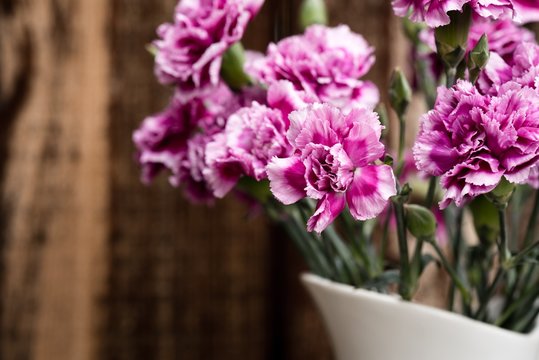 Detail of small carnations in a white pitcher with a rustic plank background.