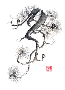 Japanese style original sumi-e pine branch ink painting.