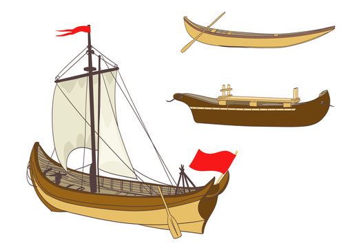 wooden sailing boats on white. vector illustration