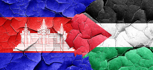 Cambodia flag with Palestine flag on a grunge cracked wall