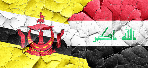 Brunei flag with Iraq flag on a grunge cracked wall