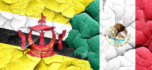 Brunei flag with Mexico flag on a grunge cracked wall
