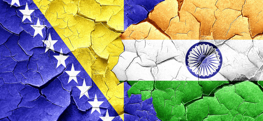 Bosnia and Herzegovina flag with India flag on a grunge cracked