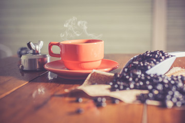 hot fresh coffee on desk