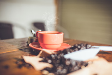 hot fresh coffee on desk
