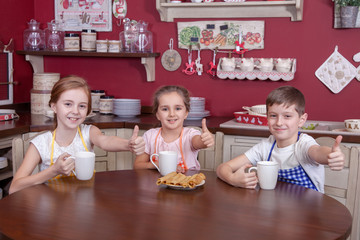 Best little friends resting in kitchen and drinking tea.