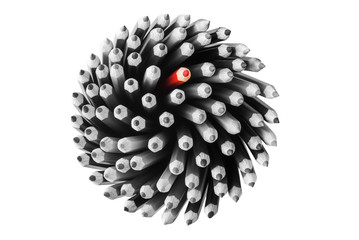 Group of pencils with one red among of grey, individuality conce