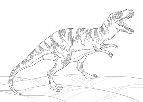 Vector illustration of Tyrannosaurus or tyrant lizard or Tyrannosaurus rex isolated on white. Series of prehistoric dinosaurs. Fossil animals and reptiles in contour style for coloring book.