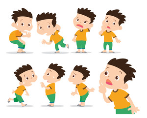 illustrator of boy have wonder and confused actions set