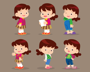 vector cute cartoon girl actions set.