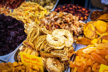 Various dried fruits on the Mahane Yehuda Market.