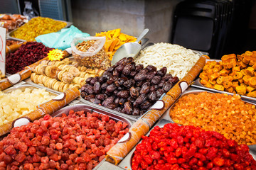 Various dried fruits on the Mahane Yehuda Market.