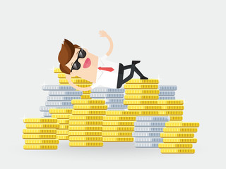businessman lying down with legs crossed on the big pile of money