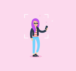 Girl makes selfie vector illustration.