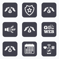 Hands insurance icons. Money savings signs.