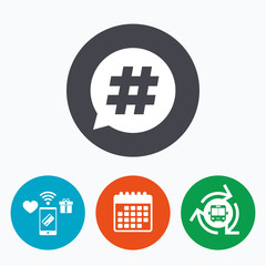 Hashtag speech bubble sign icon.