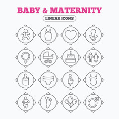 Baby and Maternity line icon. Pacifier, diapers.