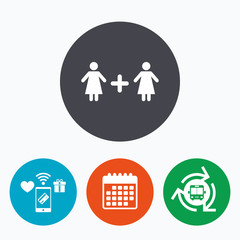 Couple sign icon. Woman plus woman. Lesbians.