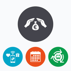 Protection money sign icon. Hands protect cash.