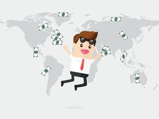 businessman or employee jumping and throw up money on world map background