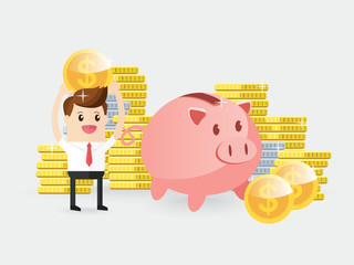 businessman carrying gold coin with piggy bank. employee showing earning or bonus or saving. future financial planning