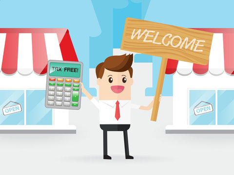 time to shopping. tax free stores. businessman hold calculator and sign, welcome to shop