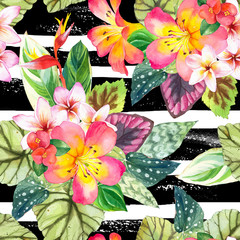 Seamless background with watercolor tropical flowers. 