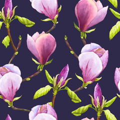 Spring seamless background with watercolor magnolia. 