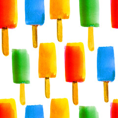 Seamless watercolor pattern with ice cream on stick. 