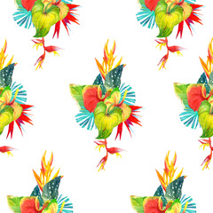Plakaty  Bezszwowe tło z akwarela tropikalnych kwiatów. Hawajski styl.