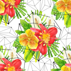 Seamless background with watercolor tropical flowers. 