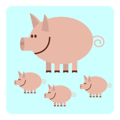 Mother pig with three little piggies.  Vector illustration.