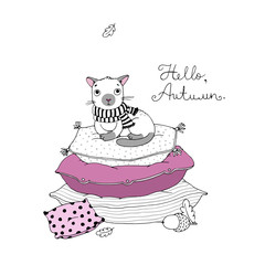 Cute cartoon cat on cushions.