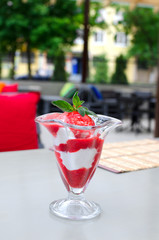 Ice cream with strawberry sauce