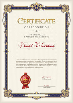 Certificate Of Recognition Vintage Frame. Portrait.