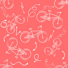 Seamless bicycles pattern. white icons on red background. Sport print. Vector
