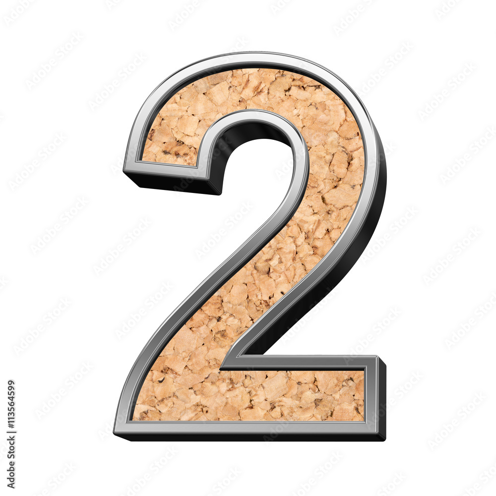 Fototapete one digit from cork with silver shiny frame alphabet set, isolated on white. 3d illustration.