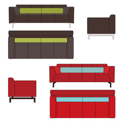 Sofa Set Flat Vector Illustration Top Front Side View