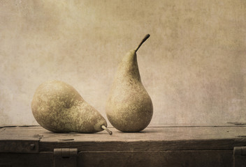Image of Fruit still life with pears on wooden table. Vintage rustic food image with artistic texture effect. printed on Printed Glass Splashbacks