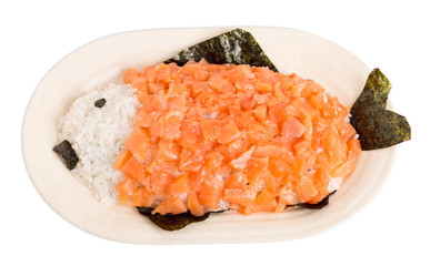 Salmon and rice in form of fish.