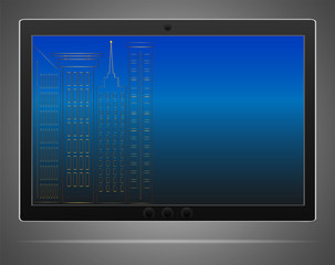 Realistic vector tablet computer with blue screen image on a grey background 
